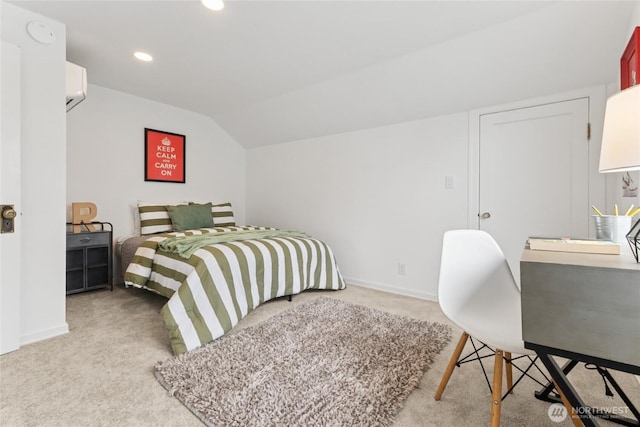 3211 16th Ave S, Seattle, WA 98144 - bedroom featuring carpet flooring, lofted ceiling, an AC wall unit, recessed lighting, and an office area