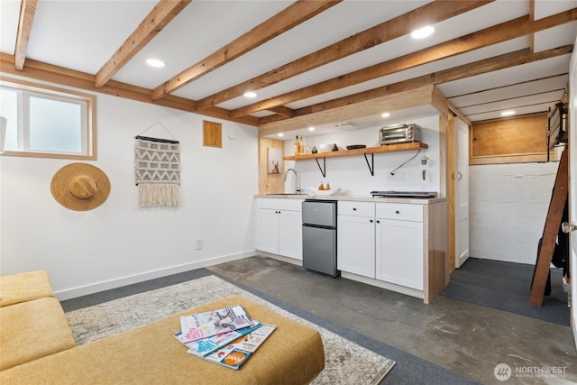 3211 16th Ave S, Seattle, WA 98144 - indoor wet bar featuring freestanding refrigerator, concrete floors, beam ceiling, and recessed lighting