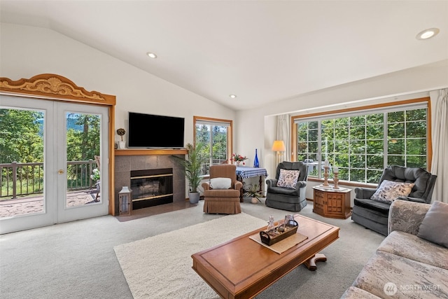 106 River St, Leavenworth, WA 98826 - carpeted living area featuring lofted ceiling, recessed lighting, and a fireplace