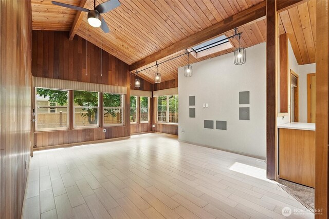 383 E Piper Way, Camano Island, WA 98282 - empty room featuring ceiling fan, a wood ceiling with exposed beams, wooden walls, wood finished floors, and high vaulted ceiling