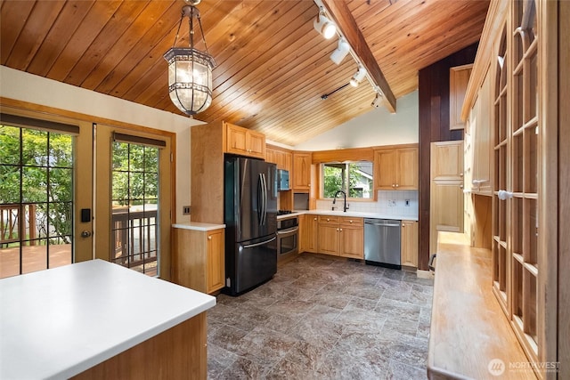 383 E Piper Way, Camano Island, WA 98282 - kitchen with black appliances, track lighting, lofted ceiling, light countertops, and healthy amount of natural light