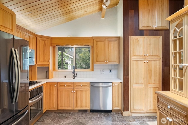 383 E Piper Way, Camano Island, WA 98282 - kitchen featuring appliances with stainless steel finishes, lofted ceiling, decorative backsplash, wood ceiling, and light countertops
