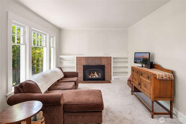 32112 E Bird St, Carnation, WA 98014 - carpeted living area featuring crown molding and a brick fireplace