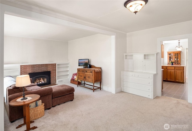 32112 E Bird St, Carnation, WA 98014 - living area featuring light carpet, ornamental molding, and a fireplace