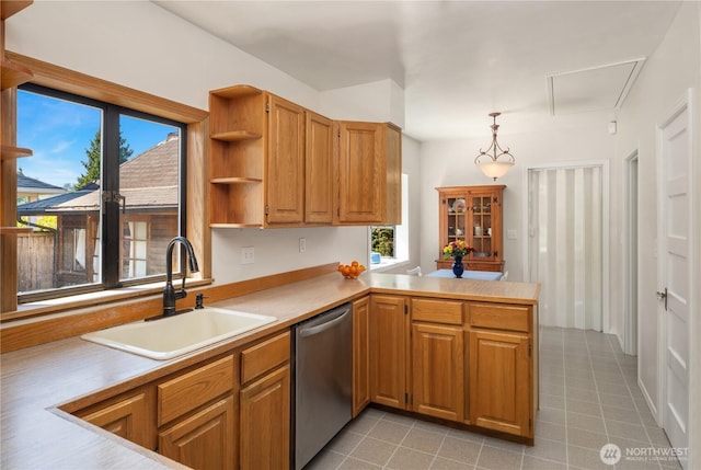 32112 E Bird St, Carnation, WA 98014 - kitchen featuring dishwasher, a peninsula, open shelves, light countertops, and brown cabinets