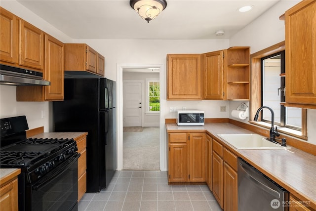 32112 E Bird St, Carnation, WA 98014 - kitchen featuring black appliances, under cabinet range hood, open shelves, light countertops, and light carpet
