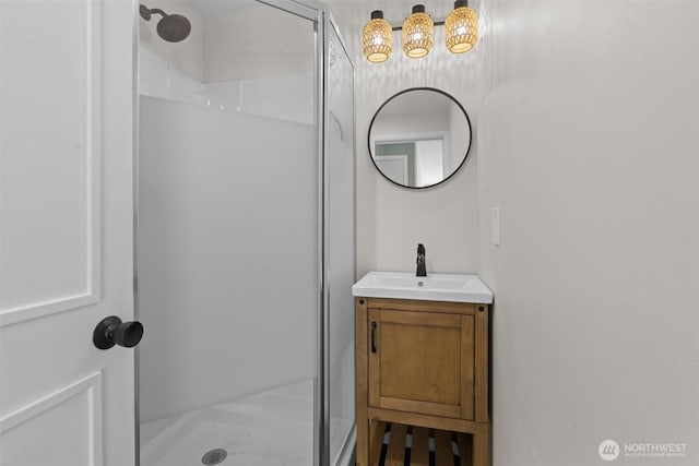 1173 Grauel Ramapo Rd, Port Angeles, WA 98363 - bathroom with a shower stall, vanity, and a chandelier