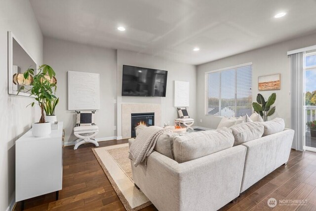19042 123rd Ave SE, Renton, WA 98058 - living area featuring recessed lighting, dark wood-style flooring, and a tile fireplace