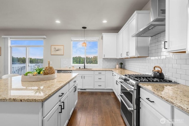19042 123rd Ave SE, Renton, WA 98058 - kitchen featuring double oven range, wall chimney exhaust hood, healthy amount of natural light, white cabinetry, and recessed lighting