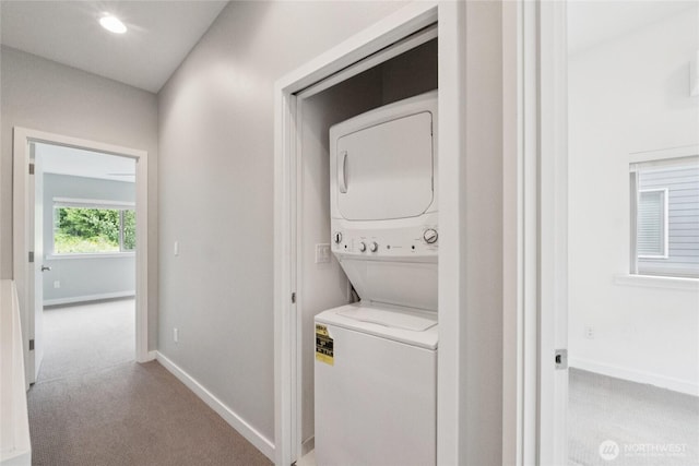 4214 S Trenton St, Seattle, WA 98118 - washroom with stacked washer / drying machine and light colored carpet