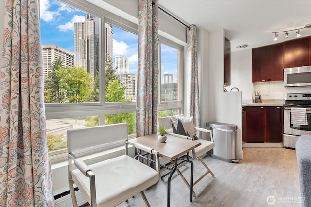 1400 Hubbell Pl Unit 909, Seattle, WA 98101 - kitchen with stainless steel appliances, a skyline view, light wood-style floors, and plenty of natural light