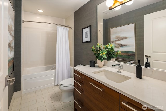 1920 4th Ave Unit 1105, Seattle, WA 98101 - full bath with tile patterned floors, vanity, shower / bath combo, and recessed lighting