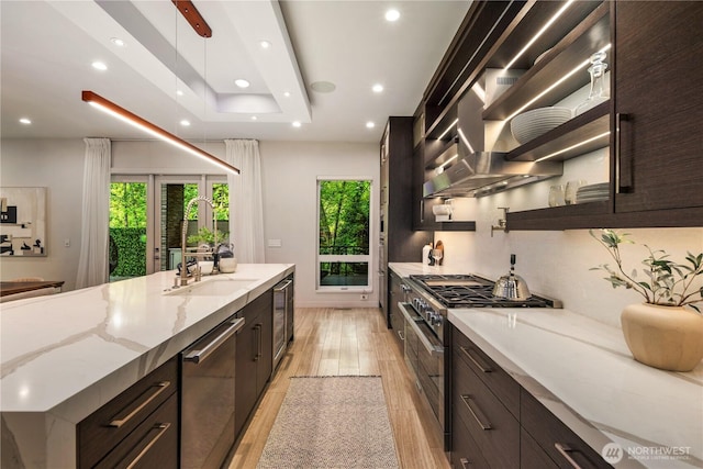 11210 SE 74th St, Newcastle, WA 98056 - kitchen featuring appliances with stainless steel finishes, plenty of natural light, light wood-style floors, recessed lighting, and dark brown cabinetry