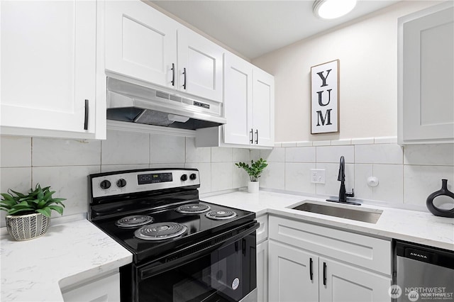 13838 NE 60th St Unit 165, Redmond, WA 98052 - kitchen featuring black electric range oven, under cabinet range hood, stainless steel dishwasher, white cabinets, and decorative backsplash