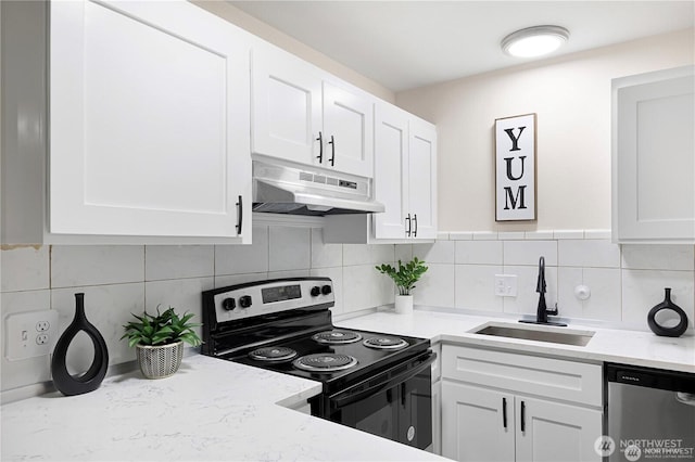 13838 NE 60th St Unit 165, Redmond, WA 98052 - kitchen featuring electric range oven, under cabinet range hood, stainless steel dishwasher, and white cabinets