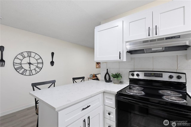 13838 NE 60th St Unit 165, Redmond, WA 98052 - kitchen featuring black electric range oven, under cabinet range hood, a peninsula, white cabinets, and backsplash