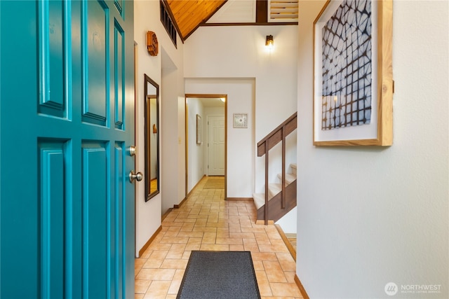26639 NE Stewart St, Duvall, WA 98019 - foyer featuring wood ceiling, stairway, and vaulted ceiling