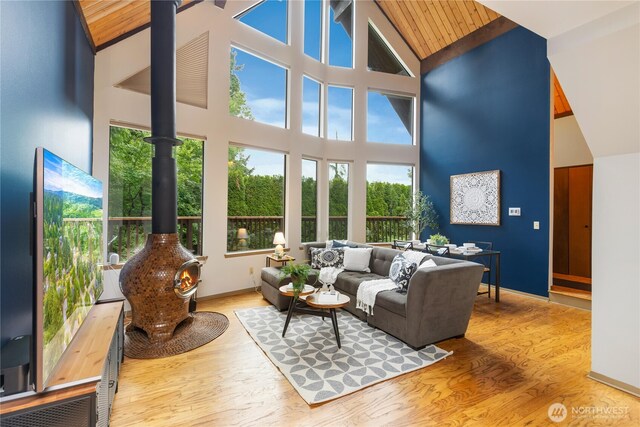 26639 NE Stewart St, Duvall, WA 98019 - living area featuring a wood stove, high vaulted ceiling, wood finished floors, and wood ceiling