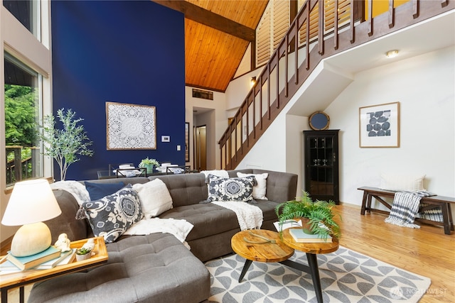 26639 NE Stewart St, Duvall, WA 98019 - living room featuring high vaulted ceiling, stairway, wood finished floors, and a wood ceiling with exposed beams