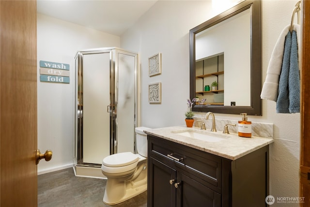 26639 NE Stewart St, Duvall, WA 98019 - bathroom featuring vanity, a shower stall, and wood finished floors