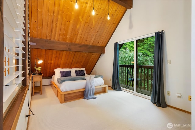 26639 NE Stewart St, Duvall, WA 98019 - bedroom featuring carpet, access to exterior, vaulted ceiling, and wooden ceiling