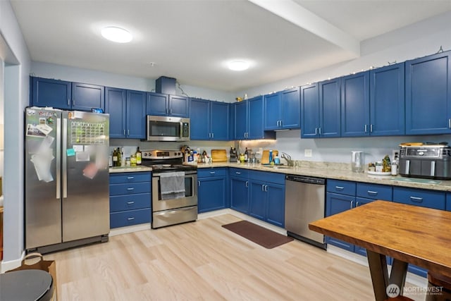 3221 SW Avalon Way Unit 113, Seattle, WA 98126 - kitchen featuring stainless steel appliances, blue cabinetry, light countertops, and light wood-style flooring