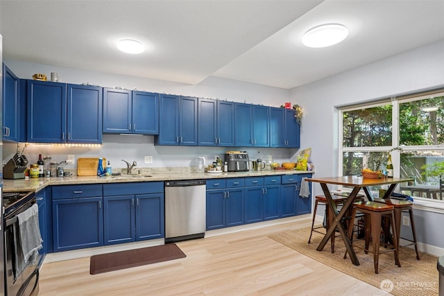 3221 SW Avalon Way Unit 113, Seattle, WA 98126 - kitchen featuring dishwasher, blue cabinets, stove, light wood-type flooring, and light stone countertops