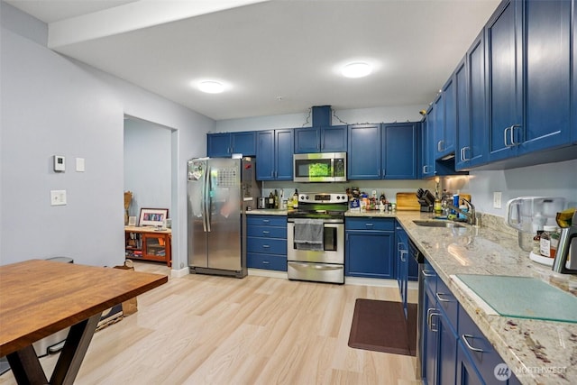 3221 SW Avalon Way Unit 113, Seattle, WA 98126 - kitchen with appliances with stainless steel finishes, blue cabinetry, light wood-style flooring, and light stone counters