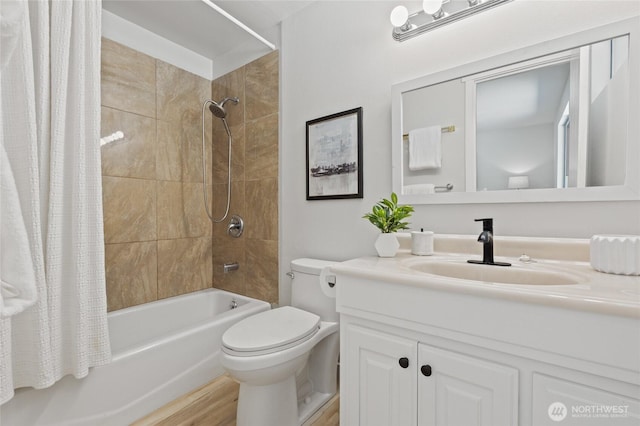 13726 SE 24th St, Bellevue, WA 98005 - full bathroom with vanity, shower / bathtub combination with curtain, and wood finished floors