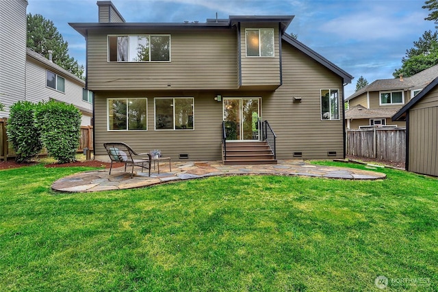 5044 157th Ct NE, Redmond, WA 98052 - back of property with a fenced backyard, a patio area, crawl space, and a chimney