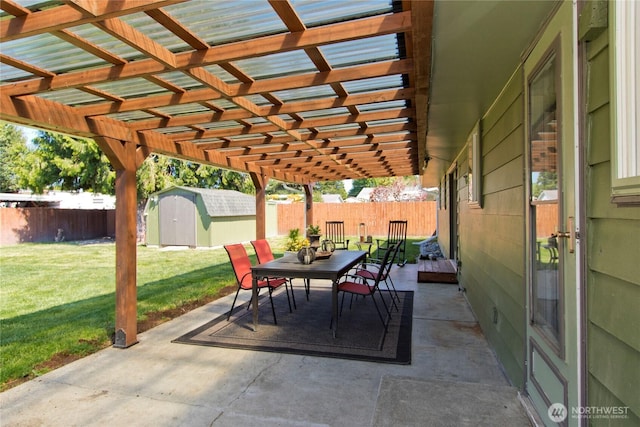 1136 Harding, Enumclaw, WA 98022 - fenced backyard with outdoor dining area, a patio, a shed, and a pergola