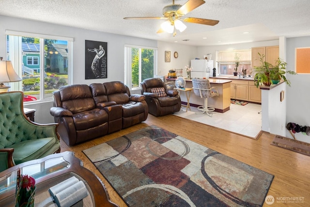 3235 33rd Ave S, Seattle, WA 98144 - living area with a textured ceiling, ceiling fan, light wood-style floors, and recessed lighting