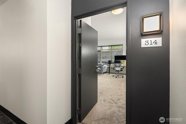 1610 Belmont Ave Unit 314, Seattle, WA 98122 - corridor with carpet floors, a desk, and a textured wall