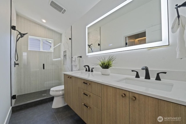 12046 5th Ave NE, Seattle, WA 98125 - bathroom with double vanity, a shower stall, tile patterned flooring, and lofted ceiling