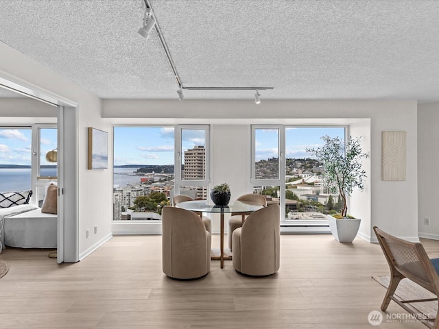 121 Vine St Unit 2405, Seattle, WA 98121 - dining room with rail lighting, light wood-style floors, a water view, and a textured ceiling