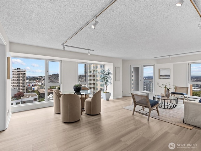 121 Vine St Unit 2405, Seattle, WA 98121 - dining area with track lighting, a textured ceiling, light wood-type flooring, and healthy amount of natural light