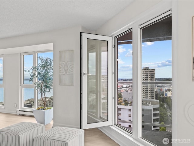 121 Vine St Unit 2405, Seattle, WA 98121 - doorway to outside with wood finished floors, a baseboard heating unit, and a textured ceiling