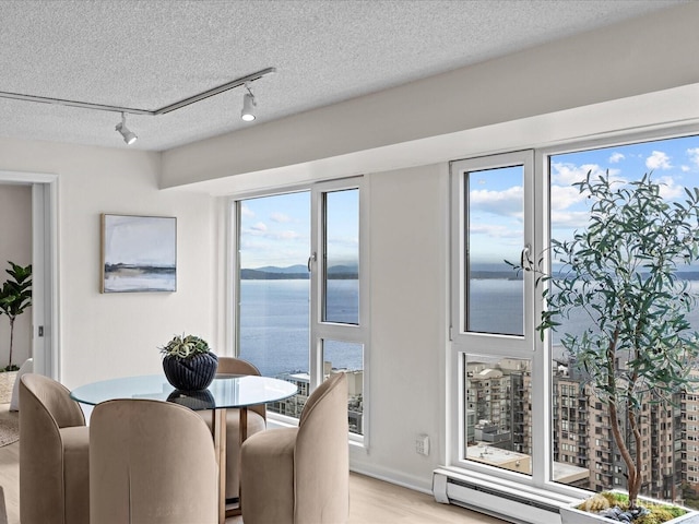 121 Vine St Unit 2405, Seattle, WA 98121 - dining space featuring track lighting, a water view, baseboard heating, light wood-type flooring, and healthy amount of natural light