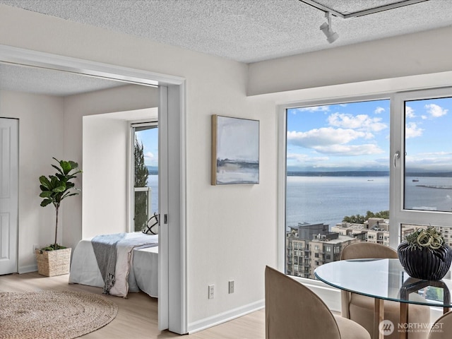121 Vine St Unit 2405, Seattle, WA 98121 - dining space featuring a water view, wood finished floors, a textured ceiling, and rail lighting