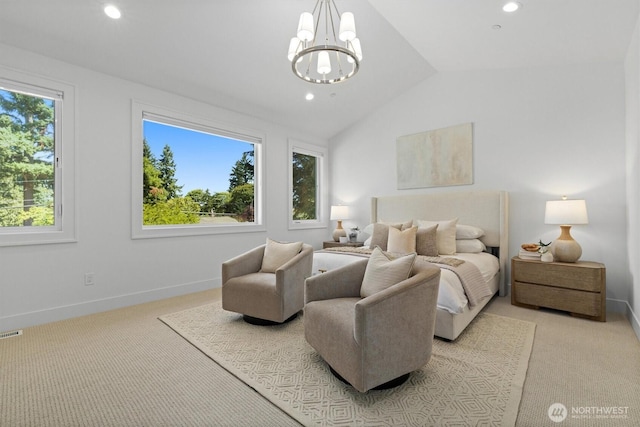 233 19th Ave, Kirkland, WA 98033 - bedroom featuring light colored carpet, vaulted ceiling, a chandelier, and recessed lighting