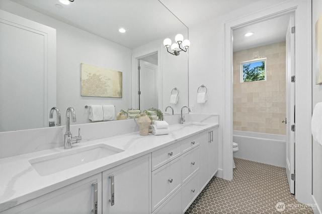 233 19th Ave, Kirkland, WA 98033 - full bathroom featuring double vanity, recessed lighting, tile patterned flooring, and bathing tub / shower combination