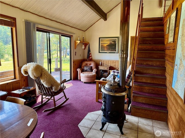 108 N Airport Way, Friday Harbor, WA 98250 - living area featuring wooden walls, wood ceiling, wainscoting, and stairway