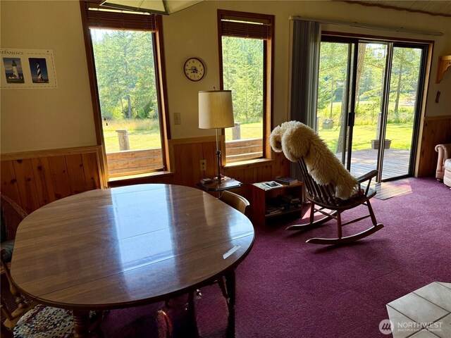 108 N Airport Way, Friday Harbor, WA 98250 - carpeted dining space with wainscoting and wooden walls