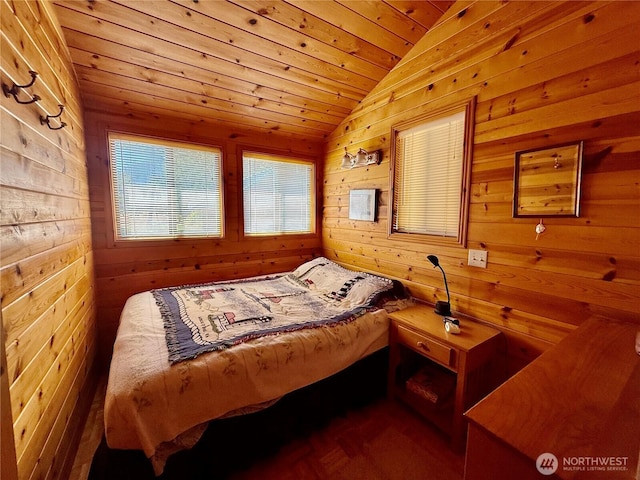 108 N Airport Way, Friday Harbor, WA 98250 - bedroom featuring vaulted ceiling, wooden walls, and wood ceiling