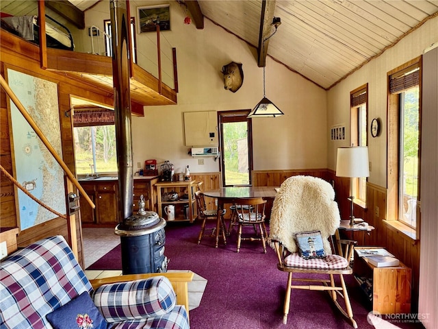 108 N Airport Way, Friday Harbor, WA 98250 - living area featuring wooden walls, plenty of natural light, wainscoting, a wood ceiling with exposed beams, and carpet floors