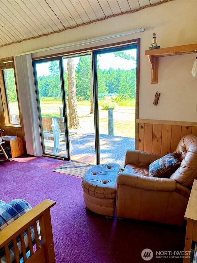 108 N Airport Way, Friday Harbor, WA 98250 - living area featuring wooden walls and carpet flooring