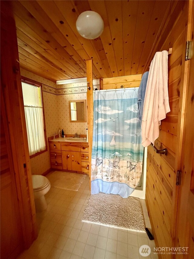108 N Airport Way, Friday Harbor, WA 98250 - bathroom featuring wood ceiling, vanity, and a shower with shower curtain