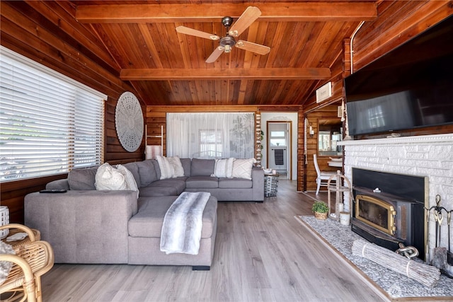 724 Walters Ln, Point Roberts, WA 98281 - living room featuring healthy amount of natural light, wooden ceiling, wooden walls, ceiling fan, and wood finished floors