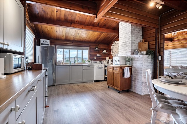 724 Walters Ln, Point Roberts, WA 98281 - kitchen featuring stainless steel fridge, white range oven, light wood finished floors, wood ceiling, and wood walls