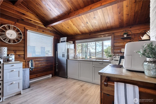 724 Walters Ln, Point Roberts, WA 98281 - kitchen featuring stainless steel fridge with ice dispenser, wood ceiling, rustic walls, baseboard heating, and light wood-style flooring